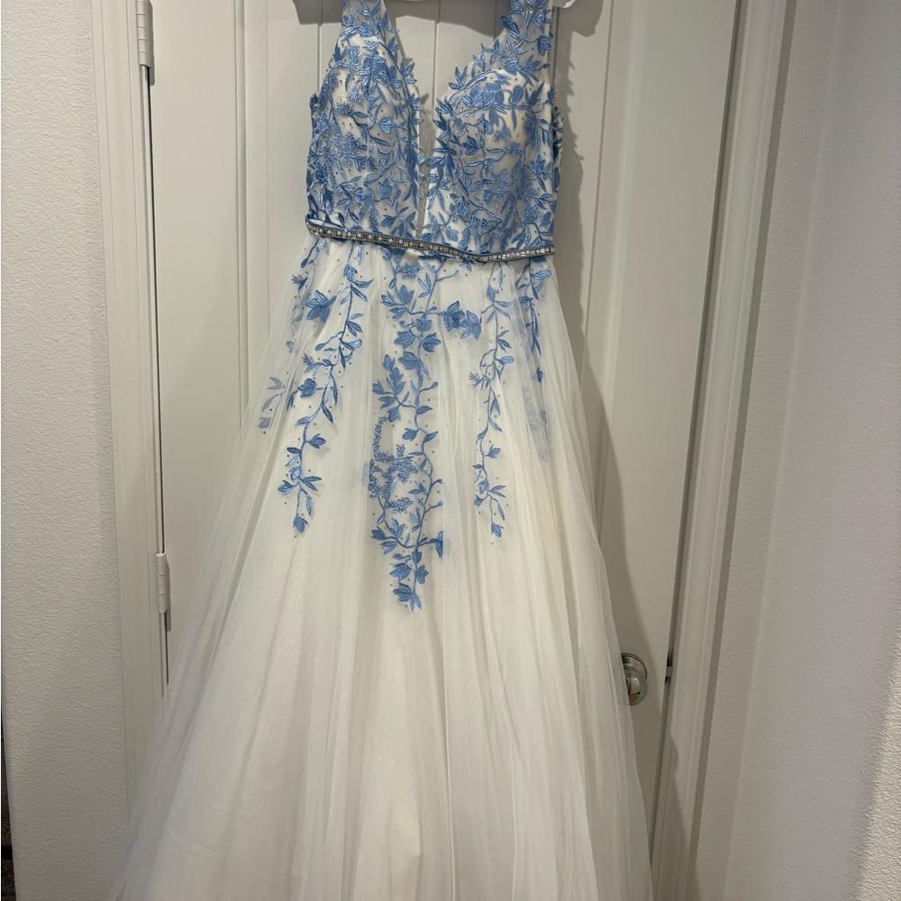 Blue & White Embroidered Tulle Evening Dress
